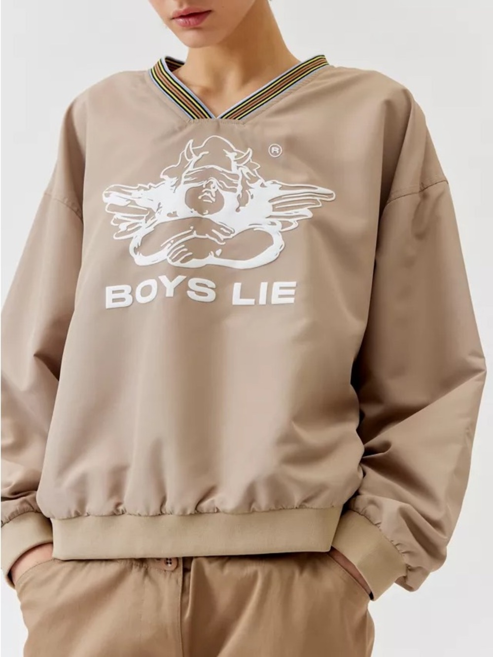 Boys Lie Beige Pullover with White Angel Logo and Striped V-Neck